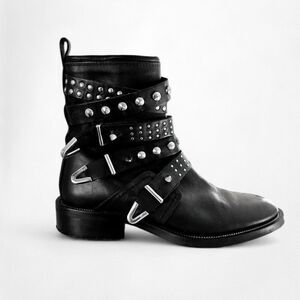 Mango Black Studded Ankle Round Toe Leather Combat Boots Size 6